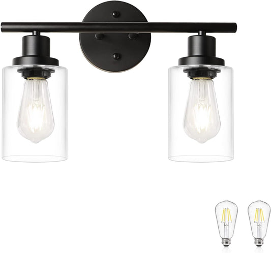 Unicozin (Include Bulb) Vanity Lights 2-Light Bathroom Light Fixtures Over Mirror, 4000K, Black Vanity Light with Glass Shade, Wall Light for Bedroom Hallway