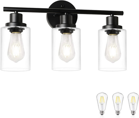 Unicozin (Include Bulb) Vanity Lights 3-Light Bathroom Light Fixtures Over Mirror, 4000K, Black Vanity Light with Glass Shade, Wall Light for Bedroom Hallway