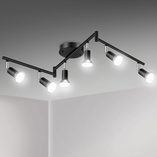 Unicozin LED 6 Light Track Lighting Kit, Black 6 Way Ceiling Spot Lighting, Flexibly Rotatable Light Head, Track Light Included 6 x LED GU10 Bulb (4W, Daylight White 5000K, 400LM, AC120V)