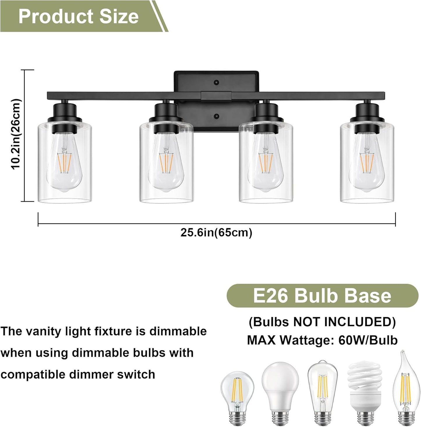 Unicozin Modern Bathroom Light Fixtures, 4 Light Vanity Lights Over Mirror, Black Wall Lamp with Clear Glass for Living Room Cabinet Bedroom Porch