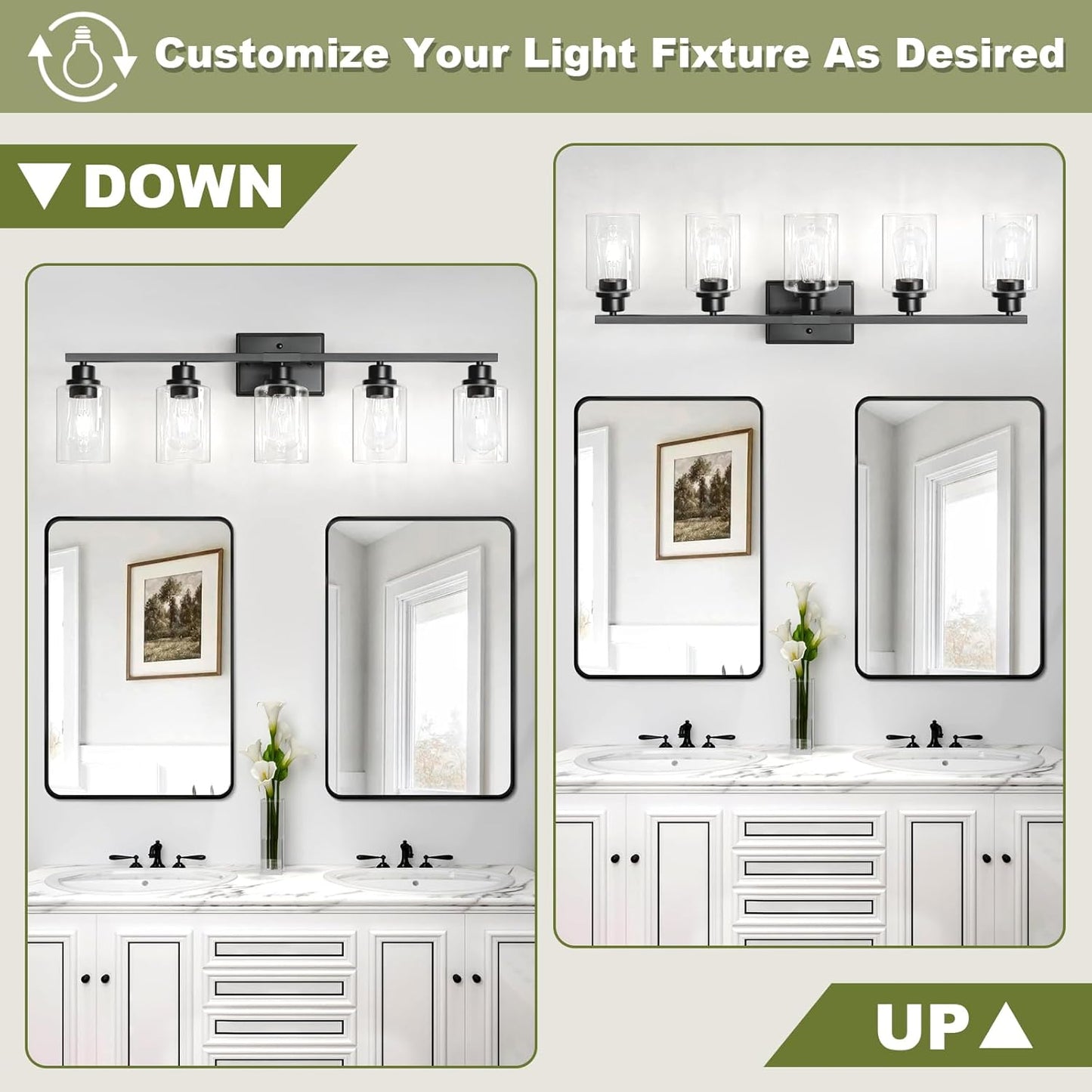 Unicozin Modern Bathroom Light Fixtures, 5 Light Vanity Lights Over Mirror, Black Wall Lamp with Clear Glass for Living Room Cabinet Bedroom Porch