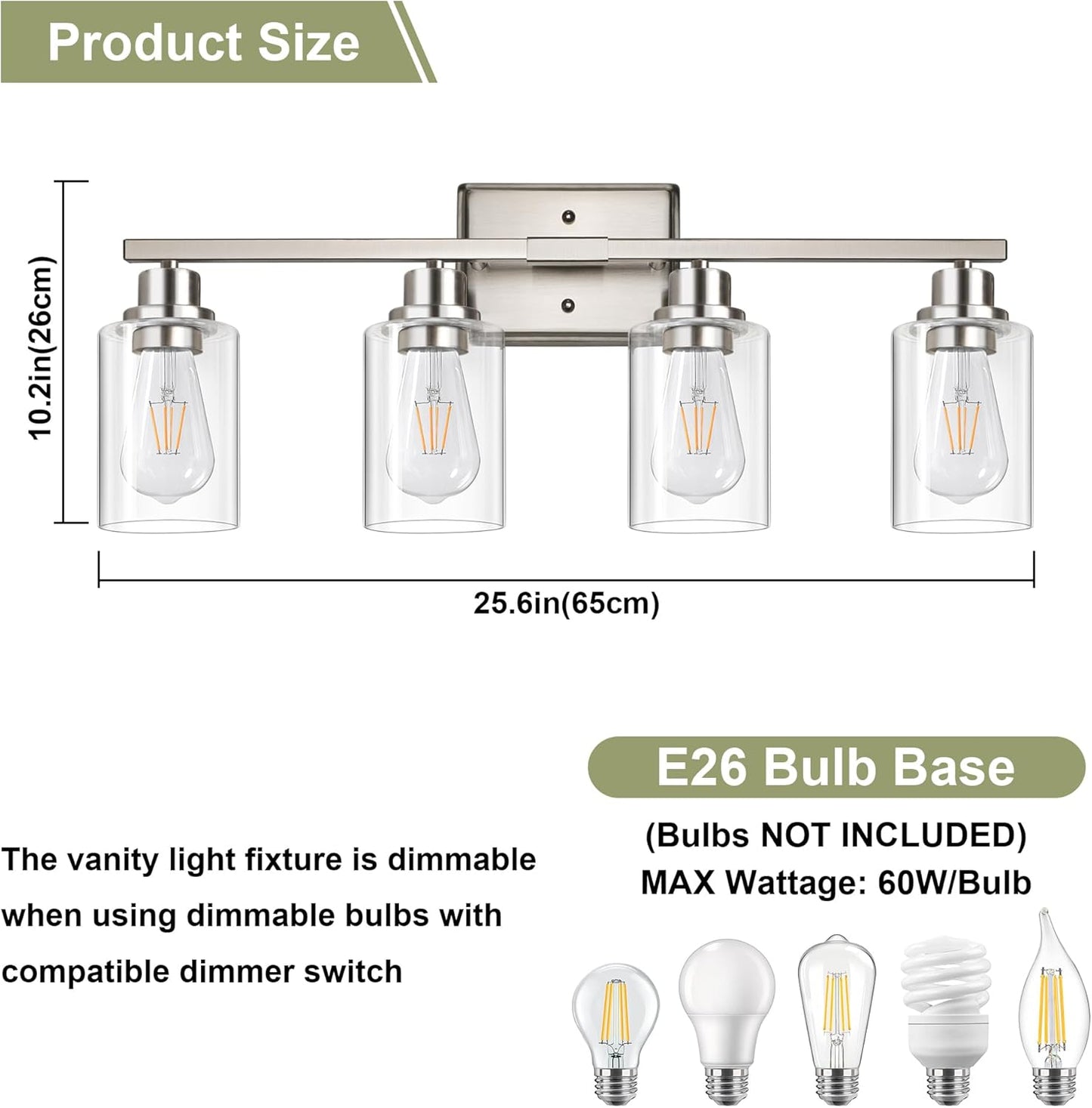 Unicozin Modern Bathroom Light Fixtures, 4 Light Vanity Lights Over Mirror, Brushed Nickel Wall Lamp with Clear Glass for Living Room Cabinet Bedroom Porch