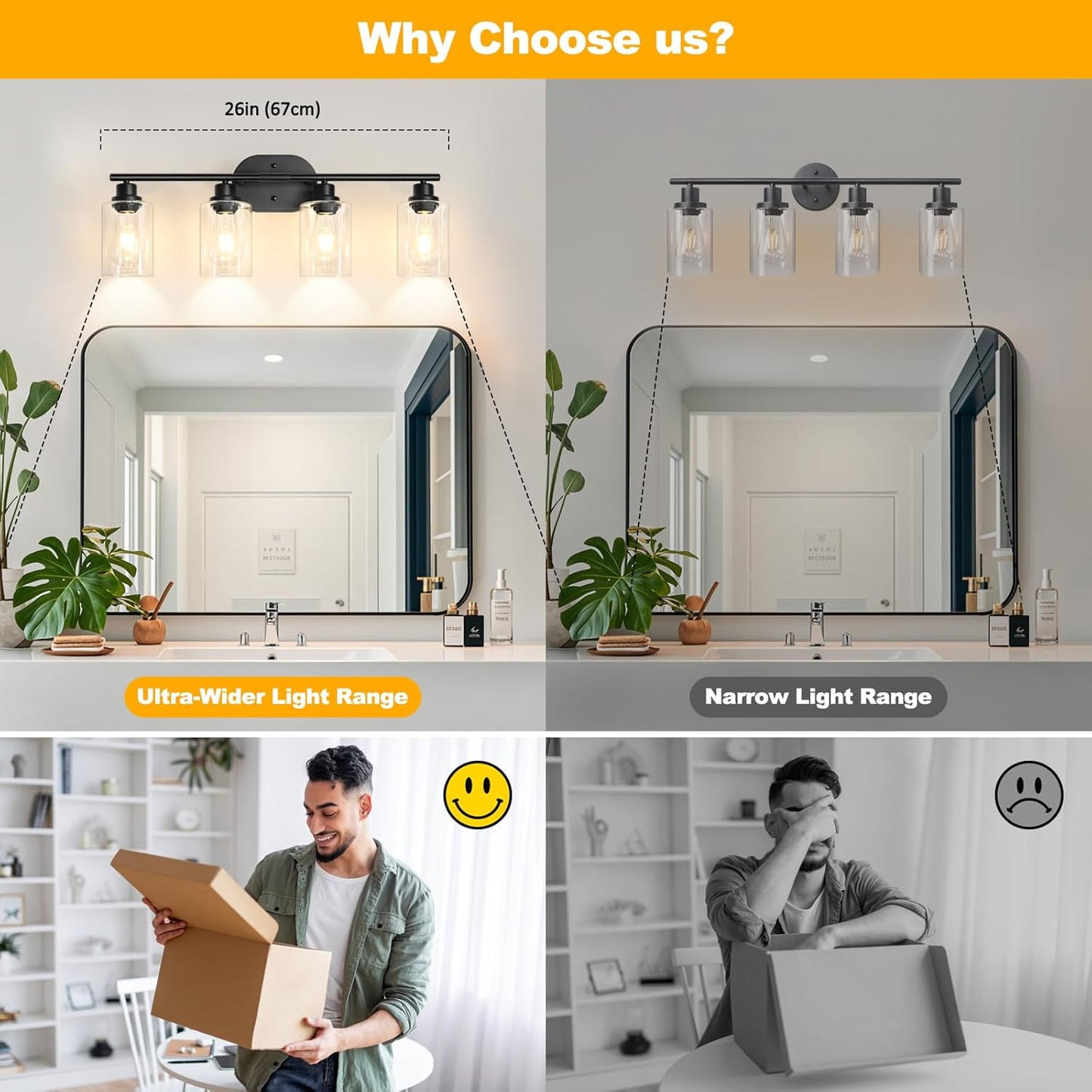 Unicozin Bathroom Light Fixtures, 4 Light Vanity Lights for Bathroom, Black Wall Lamp with Clear Glass for Mirror, Living Room, Hallway, Cabinet, E26 Base