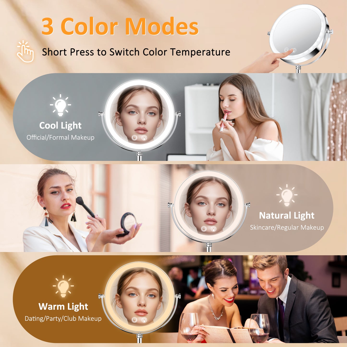 9" Double Sided Lighted Makeup Mirror with Stand, 1X/10X Magnification Vanity Mirror with 3 Colors Stepless Dimming, Portable & Rechargeable Touch Control 360°Swivel Light Up Mirror, Women Gift