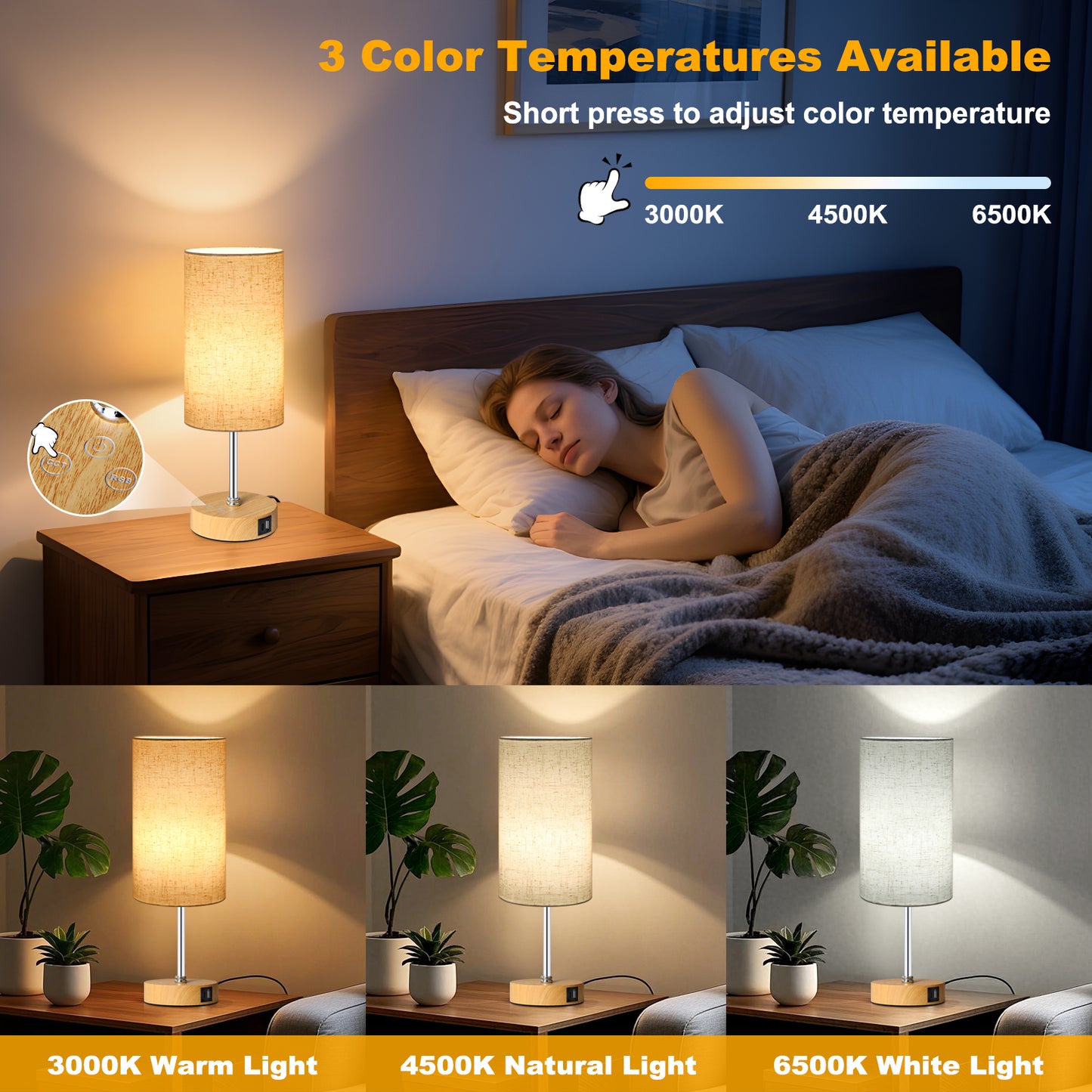 Unicozin Small Table Lamp, 3CCT & 7 RGB Color Changing, Dimmable Nightstand Lamp with Wood Grain Base, Touch Bedsides Lamp for Bedroom, Office, Kids Room, Nursery, Party, Beige Shad