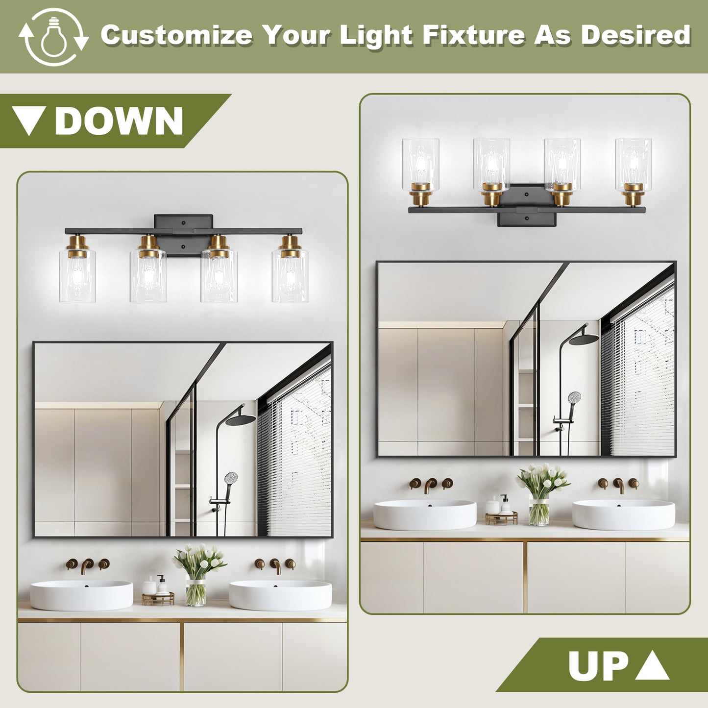 Unicozin Modern Bathroom Light Fixtures, 4 Light Vanity Lights Over Mirror, Black and Gold Wall Lamp with Clear Glass for Living Room Cabinet Bedroom Porch