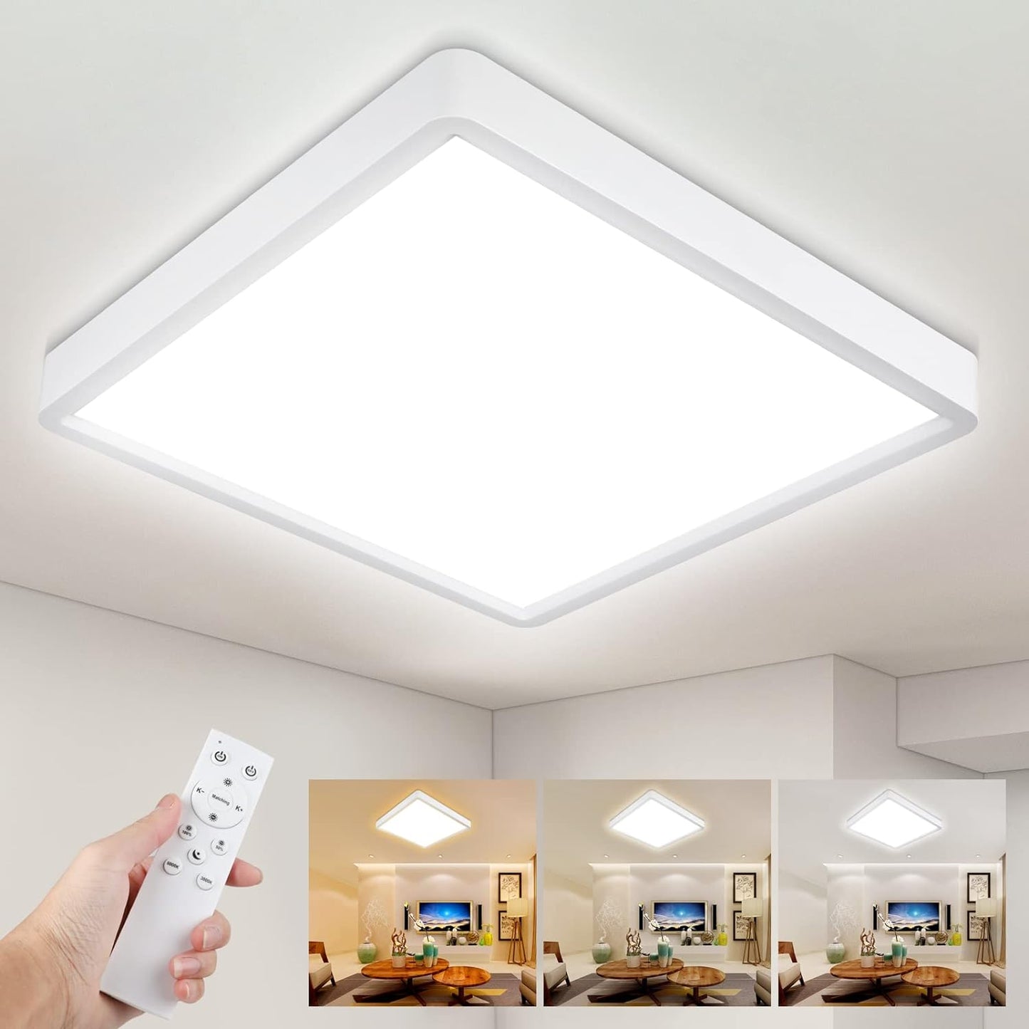 Unicozin Dimmable LED Flush Mount Ceiling Light with Remote Control, 3000K-6000K Color Changing, 8.7Inch 18W(100W Equiv) 1500LM, Square Flat Ceiling Lamp White for Bedroom, Living Room, Kitchen