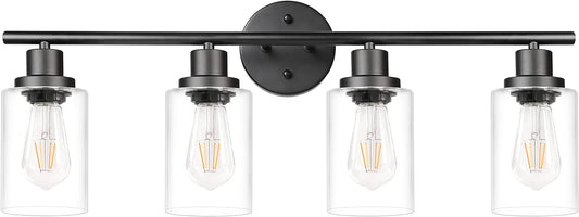 Unicozin 4 Light Vanity Lights, Black Wall Sconce Light with Clear Glass, Bathroom Light Fixtures Over Mirror, Wall Light for Living Room, Bedroom, Hallway, E26 Base (Bulbs Not Included)