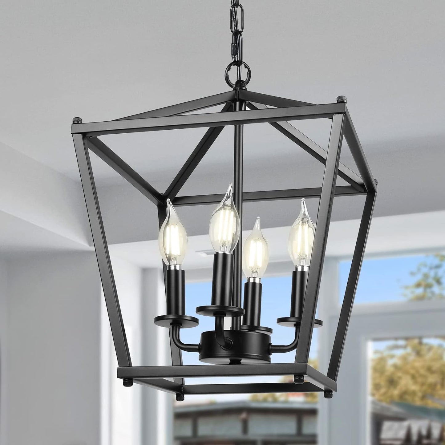 Unicozin Black Lantern Pendant Light, 4 Lights Farmhouse Chandelier Fixture with Metal Cage, Adjustable Height Industrial Hanging Lights E12 Base for Kitchen Island, Bedroom, Entryway, Foyer