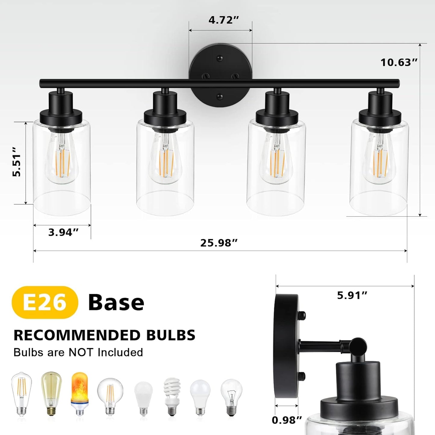 Unicozin 4 Light Vanity Lights, Black Wall Sconce Light with Clear Glass, Bathroom Light Fixtures Over Mirror, Wall Light for Living Room, Bedroom, Hallway, E26 Base (Bulbs Not Included)