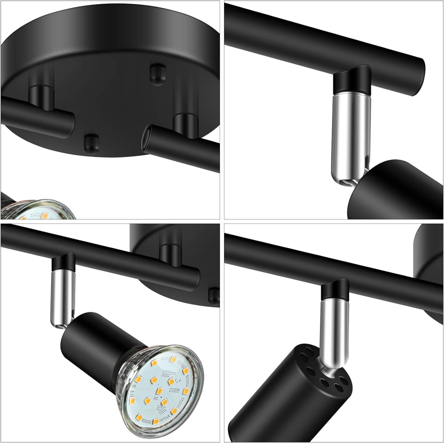 Unicozin LED 4 Light Track Lighting Kit, Black 4 Way Ceiling Spot Lighting, Flexibly Rotatable Light Head, Track Light Included 4 x LED GU10 Bulb (4W, Warm White 2700K, 400LM, AC120V)