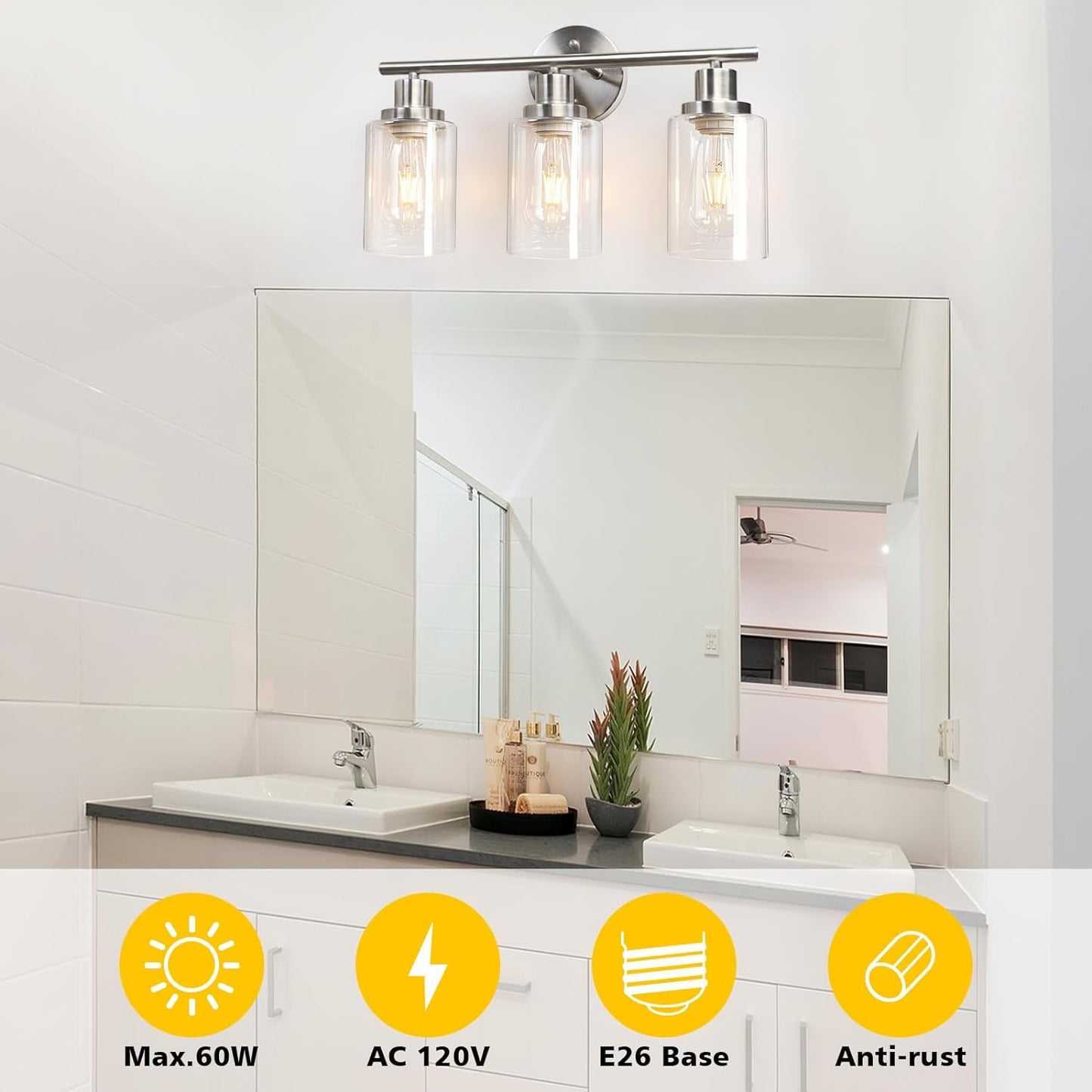 Unicozin 3 Light Vanity Lights, Matt Nickel Wall Sconce Light with Clear Glass, Bathroom Light Fixtures, Wall Lights for Mirror, Living Room, Bedroom, Hallway, E26 Base (Bulbs Not Included)