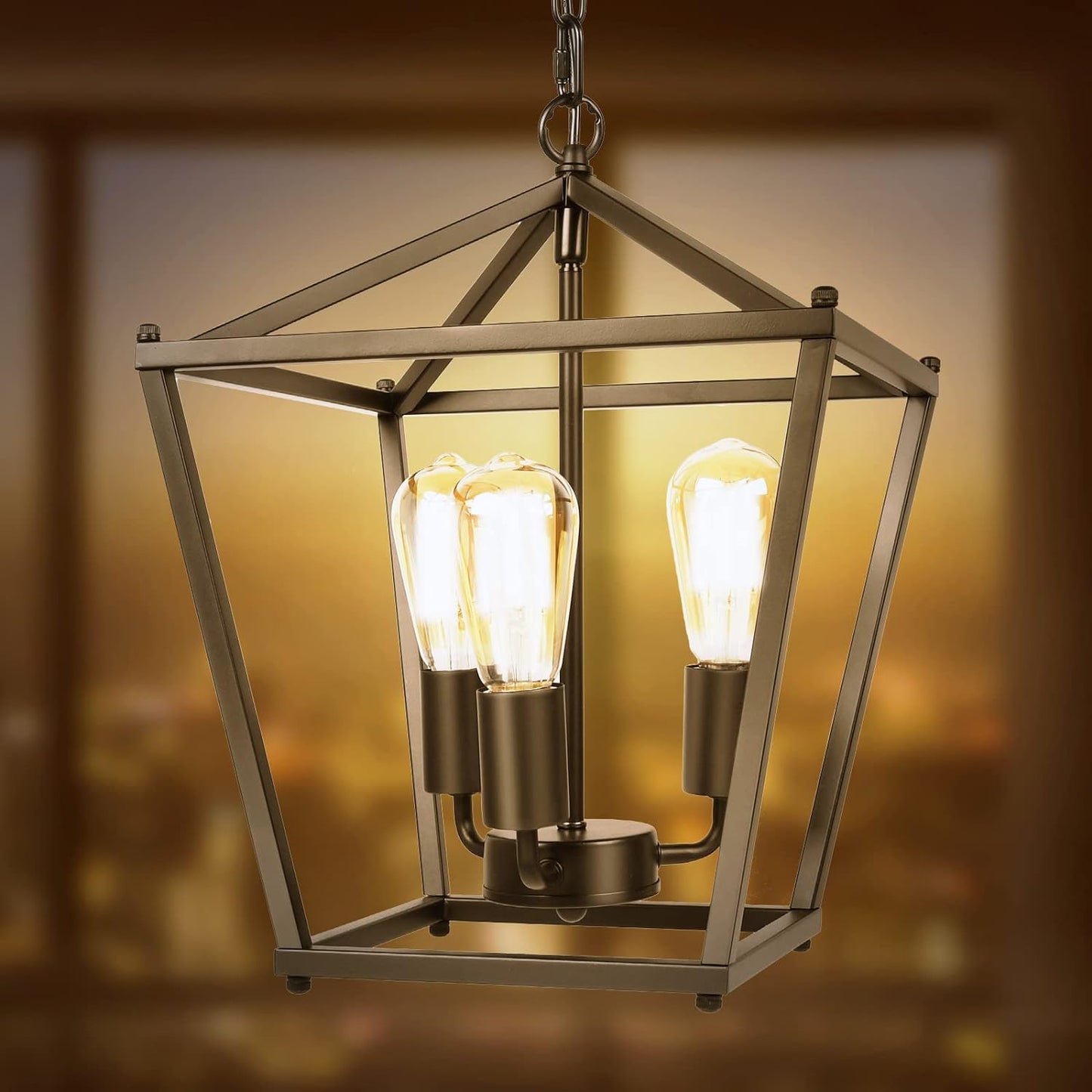 Unicozin Black Lantern Pendant Light, 3 Lights Farmhouse Chandelier Fixture with Metal Cage, Adjustable Height Industrial Hanging Lights E26 Base for Kitchen Island, Bedroom, Entryway, Foyer