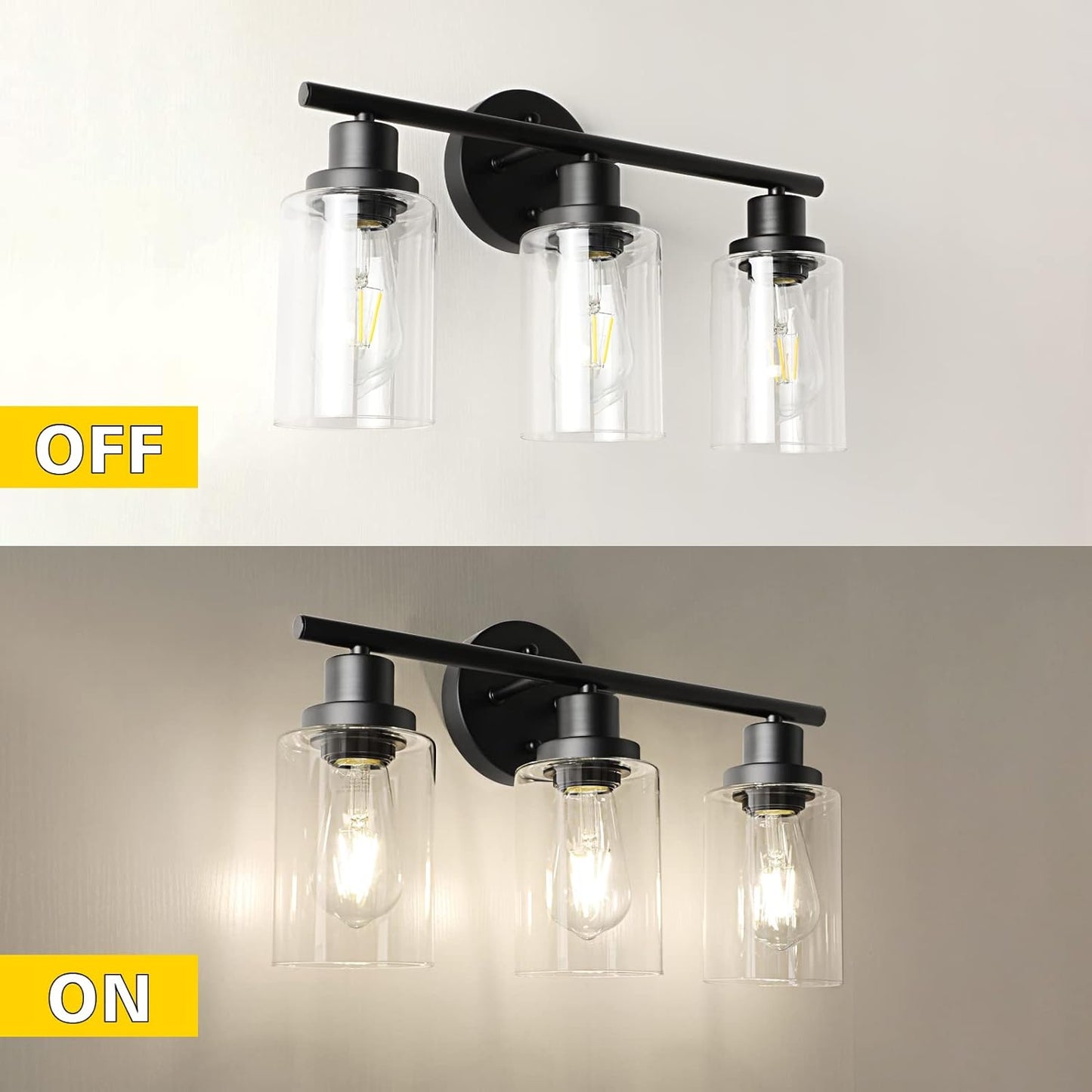 Unicozin (Include Bulb) Vanity Lights 3-Light Bathroom Light Fixtures Over Mirror, 4000K, Black Vanity Light with Glass Shade, Wall Light for Bedroom Hallway