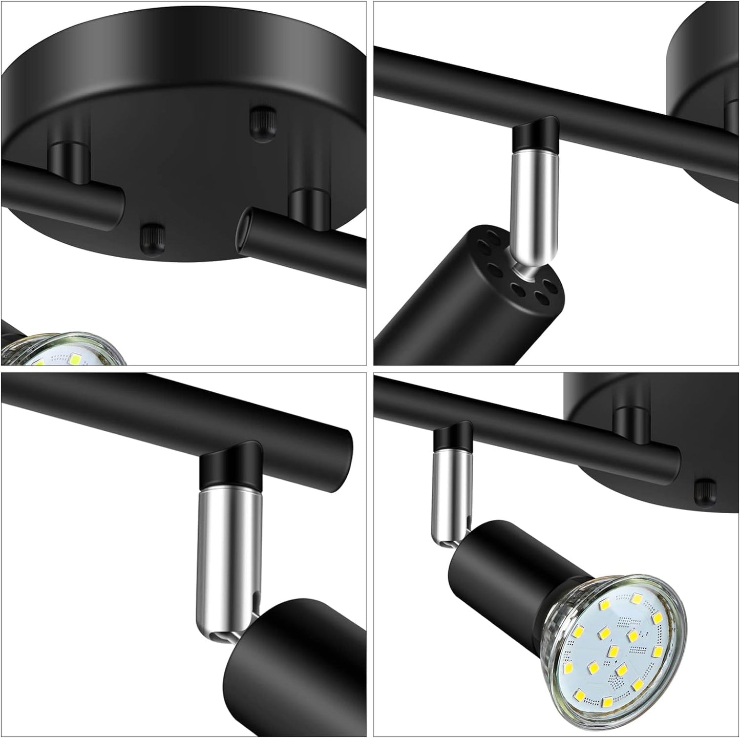 Unicozin LED 4 Light Track Lighting Kit, Black 4 Way Ceiling Spot Lighting, Flexibly Rotatable Light Head, Track Light Included 4 x LED GU10 Bulb (4W, Daylight White 5000K, 400LM, AC120V)