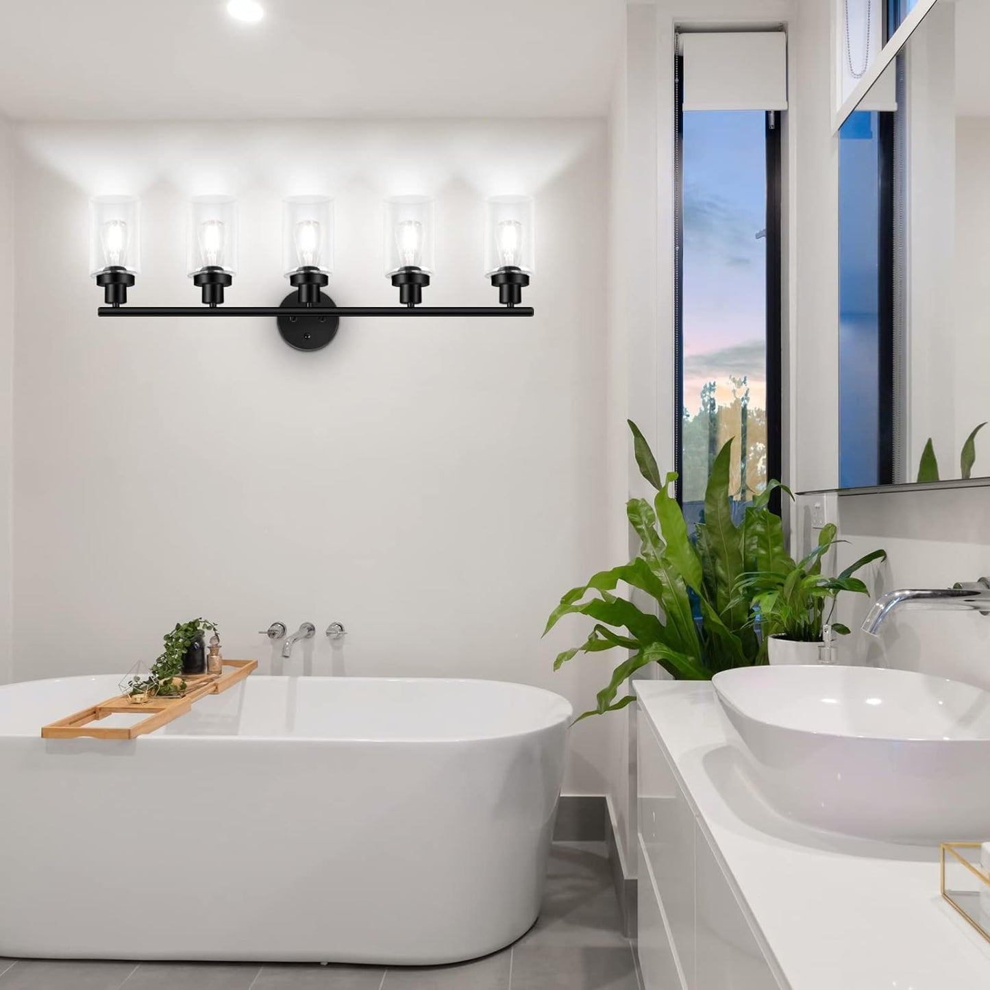 Unicozin Modern Matte Black 5 Lights Wall Lights, Wall Sconces Light with Clear Glass Shade, Vanity Light Fixtures for Bathroom, Living Room, Kitchen, Bedroom, E26 Base (Bulbs Not Included)