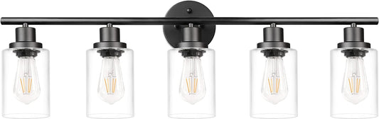 Unicozin Modern Matte Black 5 Lights Wall Lights, Wall Sconces Light with Clear Glass Shade, Vanity Light Fixtures for Bathroom, Living Room, Kitchen, Bedroom, E26 Base (Bulbs Not Included)