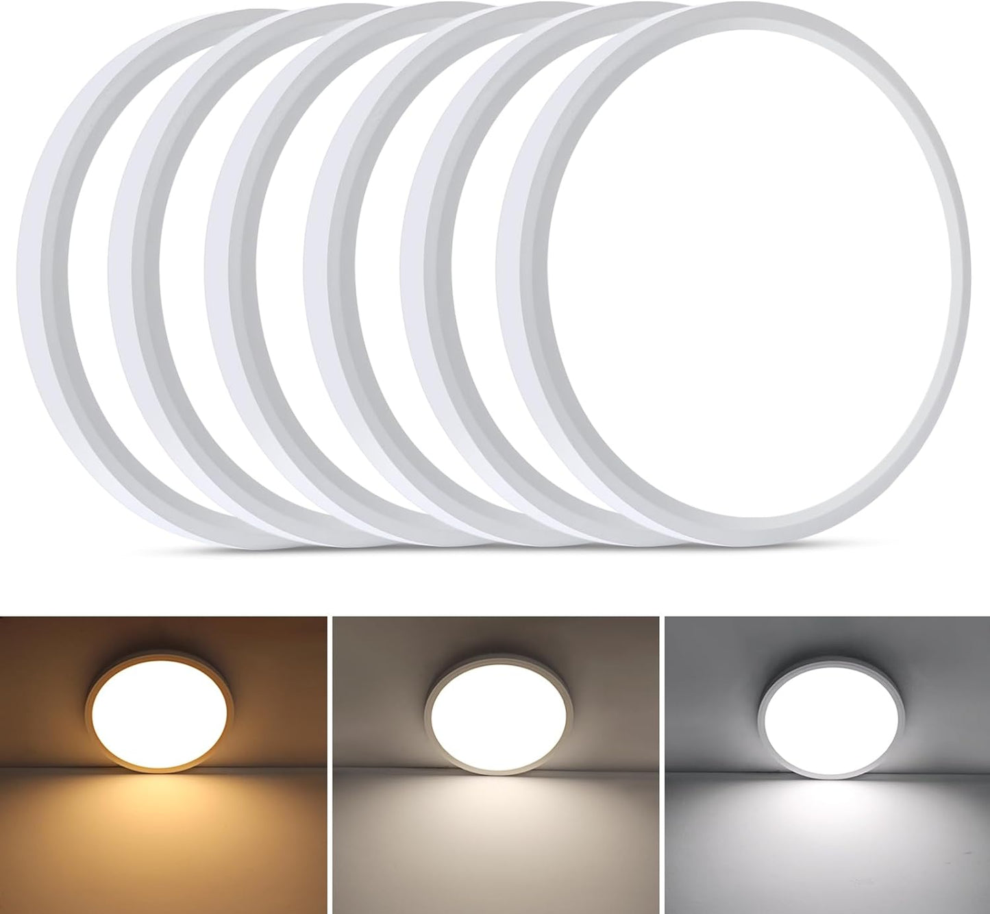 Unicozin 12 Inch Flush Mount Ceiling Light 24W, 3 Color Temperatures Selectable (3000K/4000K/6000K), 2200LM Ceiling Lamp White Shell, 6 Pack