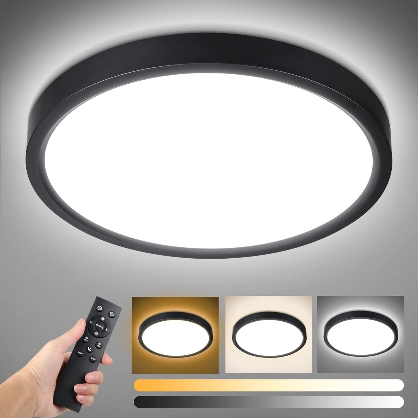 Unicozin Dimmable LED Flush Mount Ceiling Light with Remote Control, 3000K-6000K Color Changing, 12Inch 24W(150W Equiv) 2200LM, Round Flat Ceiling Lamp Black for Bedroom, Living Room, Kitchen