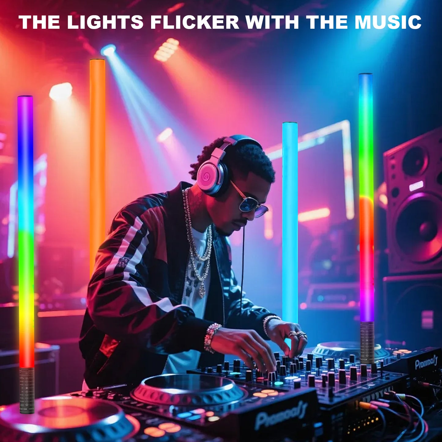 Unicozin 4 Pack RGB Tube Light Bar with Light Stand, 5200mAh Rechargeable Battery, 11-Level Brightness, 500 Lighting Effects for DJ Lighting, Dance Club and Photography Lighting