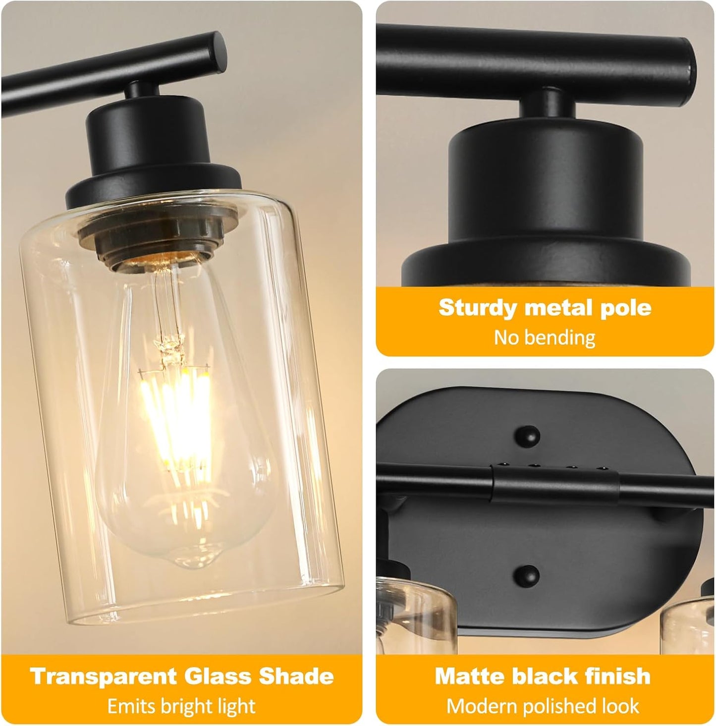 Unicozin Bathroom Light Fixtures, 4 Light Vanity Lights for Bathroom, Black Wall Lamp with Clear Glass for Mirror, Living Room, Hallway, Cabinet, E26 Base