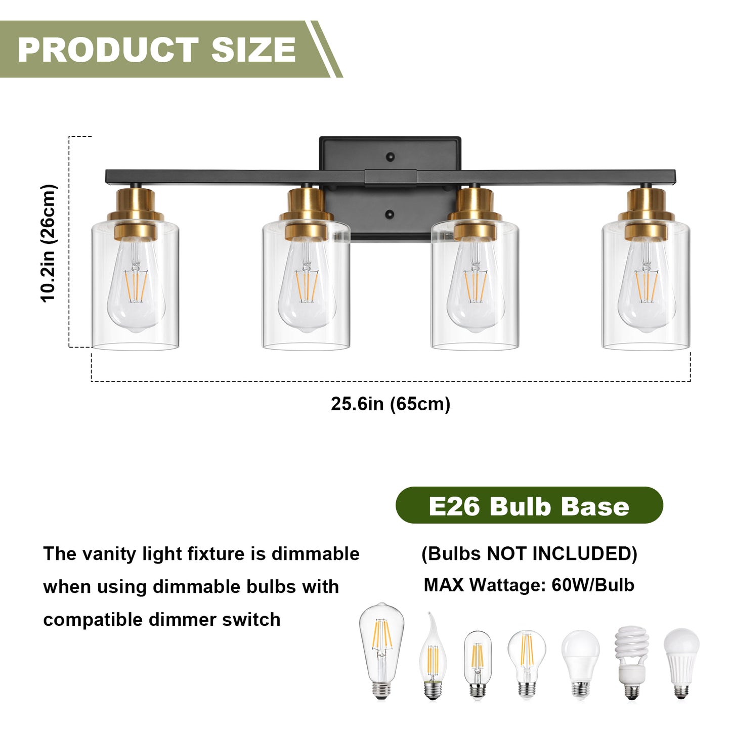 Unicozin Modern Bathroom Light Fixtures, 4 Light Vanity Lights Over Mirror, Black and Gold Wall Lamp with Clear Glass for Living Room Cabinet Bedroom Porch