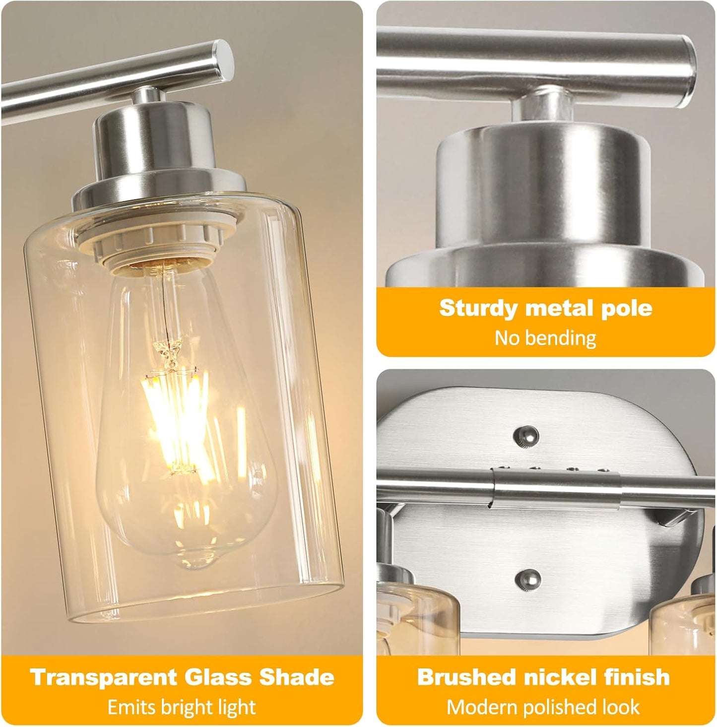 Unicozin Bathroom Light Fixtures, 4 Light Vanity Lights for Bathroom, Brushed Nickel Wall Lamp with Clear Glass for Mirror, Living Room, Hallway, Cabinet, E26 Base