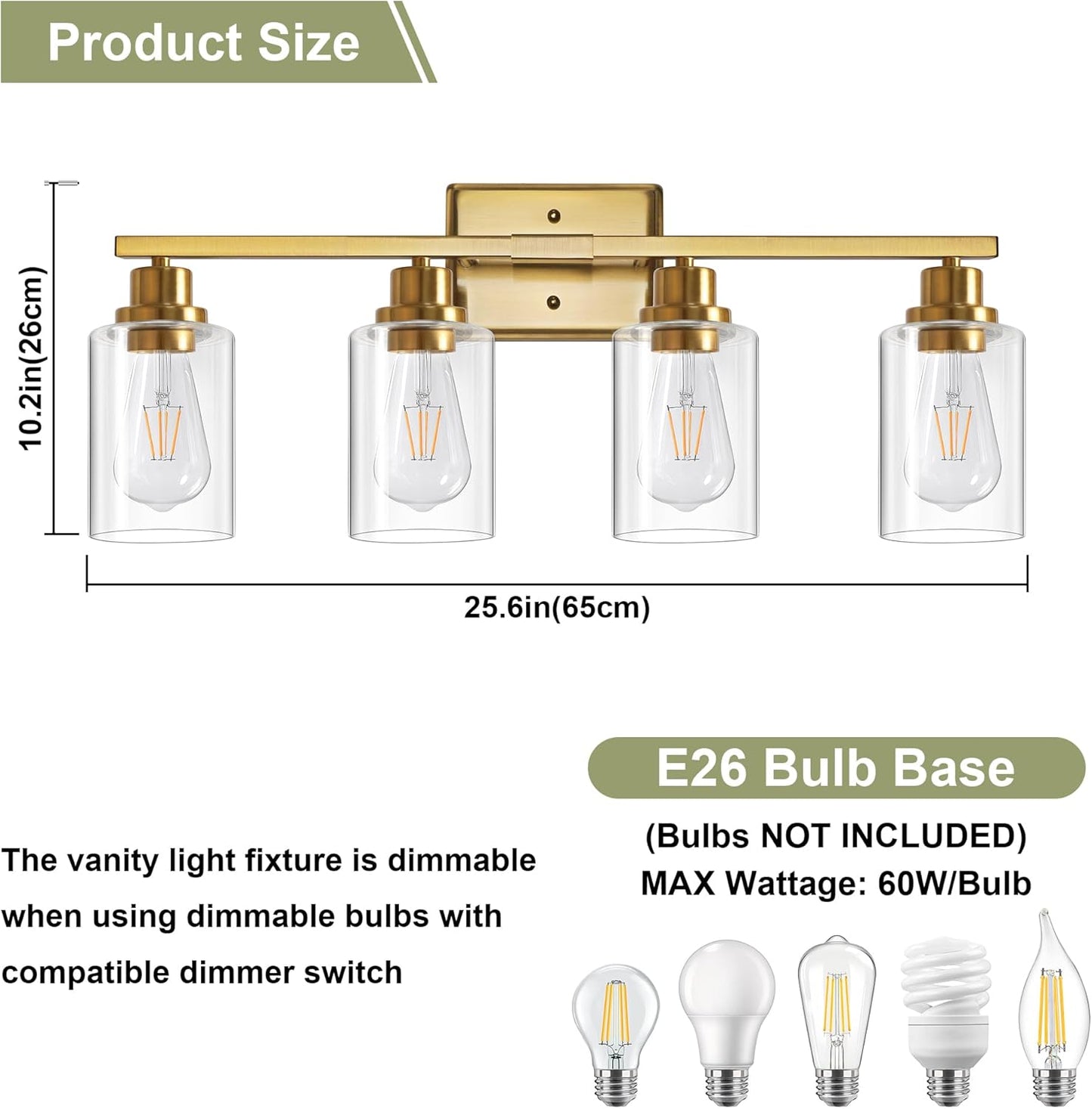 Unicozin Modern Bathroom Light Fixtures, 4 Light Vanity Lights Over Mirror, Gold Wall Lamp with Clear Glass for Living Room Cabinet Bedroom Porch Powder Room