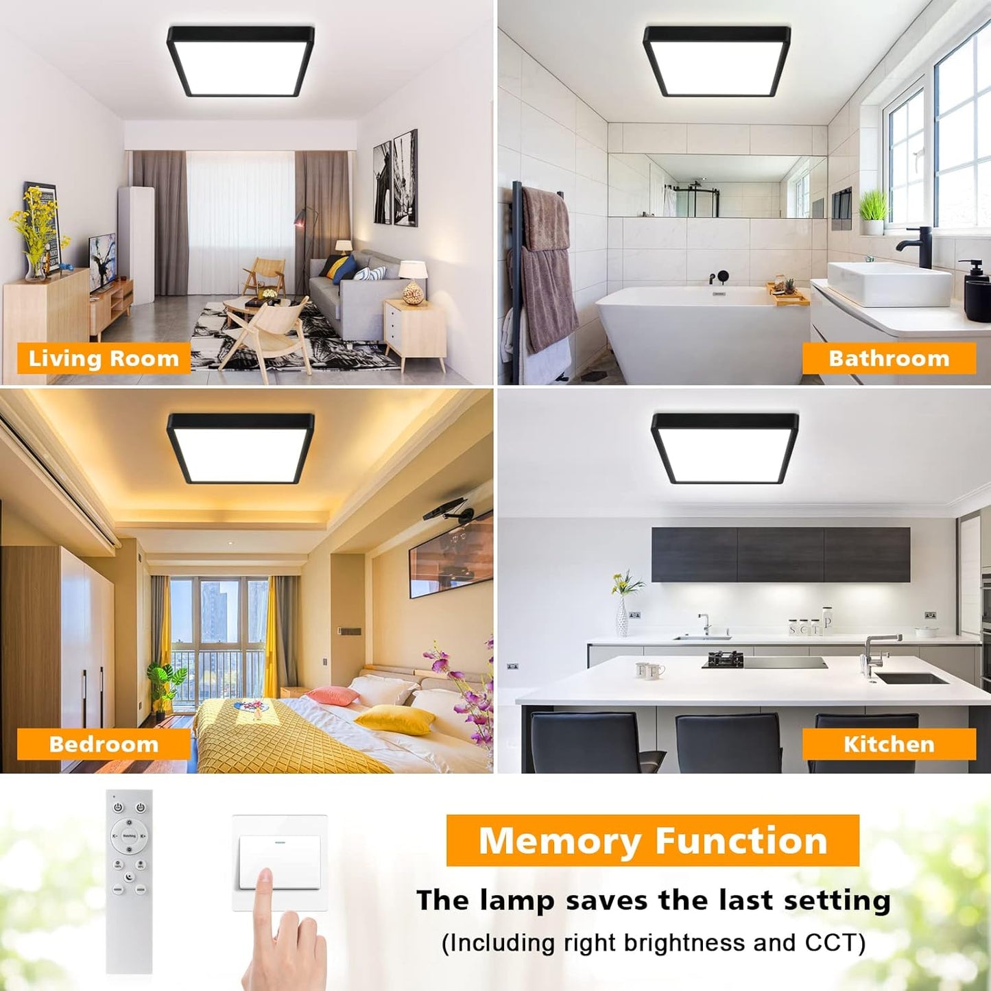 Unicozin Dimmable LED Flush Mount Ceiling Light with Remote Control, 3000K-6000K Color Changing, 12Inch 24W(150W Equiv) 2200LM, Square Flat Ceiling Lamp Black for Bedroom, Living Room, Kitchen