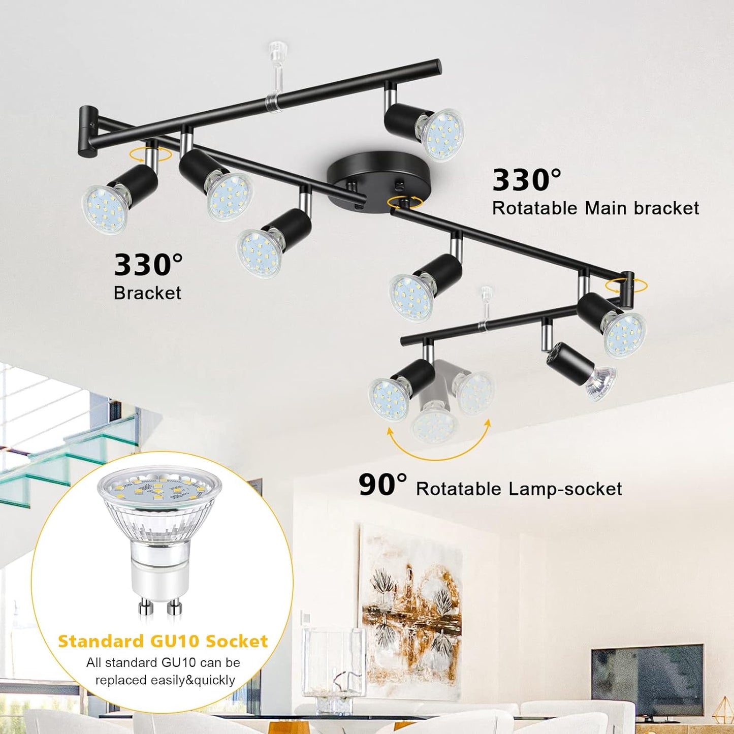 Unicozin LED 8 Light Track Lighting Kit, Black 8 Way Ceiling Spot Lighting, Flexibly Rotatable Light Head, Track Light Included 8 x LED GU10 Bulb (4W, Daylight White 5000K, 400LM, AC120V)