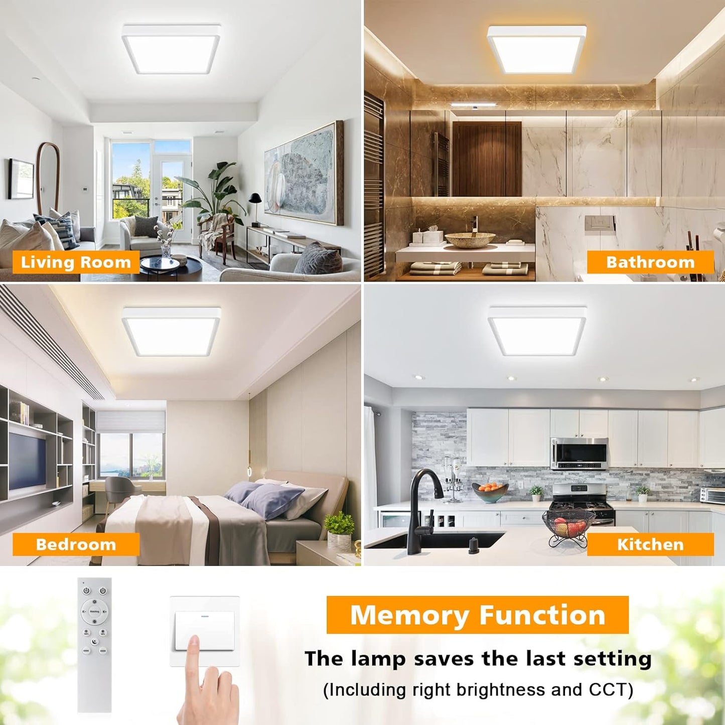 Unicozin Dimmable LED Flush Mount Ceiling Light with Remote Control, 3000K-6000K Color Changing, 8.7Inch 18W(100W Equiv) 1500LM, Square Flat Ceiling Lamp White for Bedroom, Living Room, Kitchen