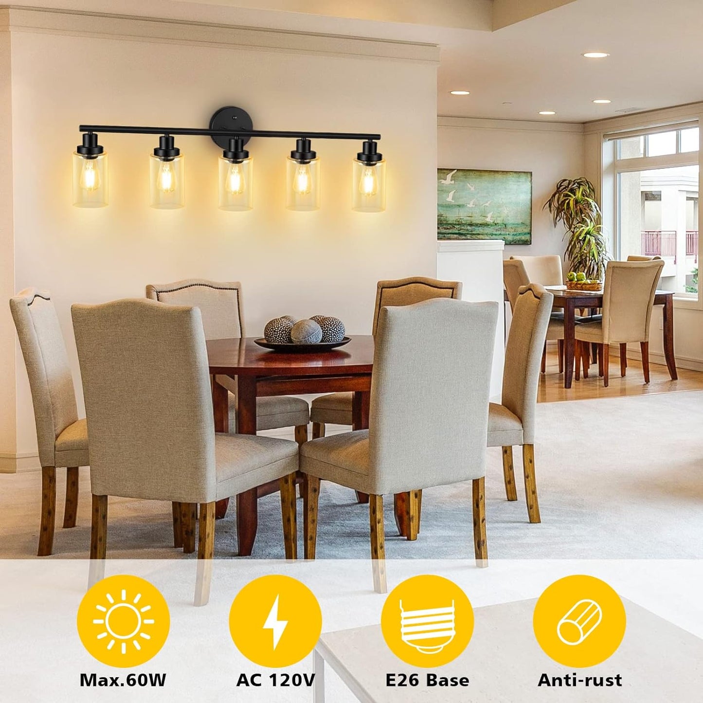 Unicozin Modern Matte Black 5 Lights Wall Lights, Wall Sconces Light with Clear Glass Shade, Vanity Light Fixtures for Bathroom, Living Room, Kitchen, Bedroom, E26 Base (Bulbs Not Included)