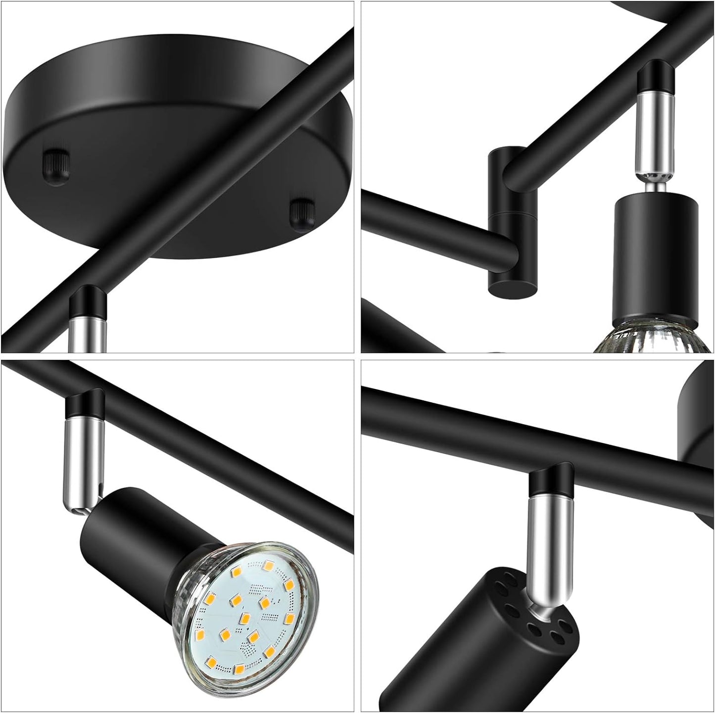 Unicozin LED 6 Light Track Lighting Kit, Black 6 Way Ceiling Spot Lighting, Flexibly Rotatable Light Head, Track Light Included 6 x LED GU10 Bulb (4W, Daylight White 5000K, 400LM, AC120V)