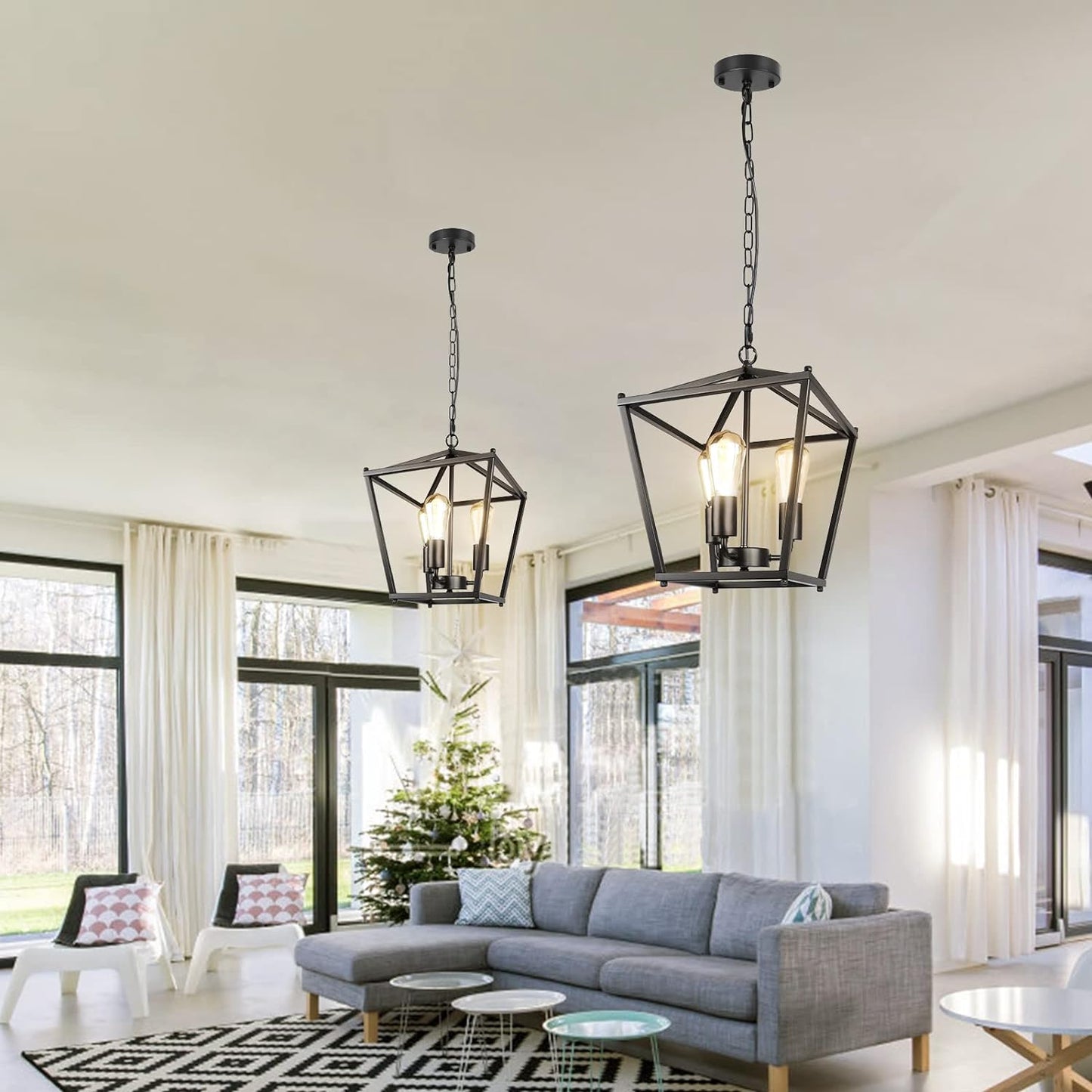 Unicozin Black Lantern Pendant Light, 3 Lights Farmhouse Chandelier Fixture with Metal Cage, Adjustable Height Industrial Hanging Lights E26 Base for Kitchen Island, Bedroom, Entryway, Foyer