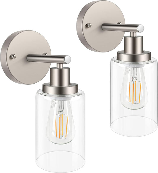 Unicozin Wall Sconces Set of Two, Vanity Light Fixtures with Clear Glass Shade, Modern Wall Lights for Living Room, Bedroom, Kitchen, Hallway, Mirror, Brushed Nickel, E26 Base (Bulbs Not Included)