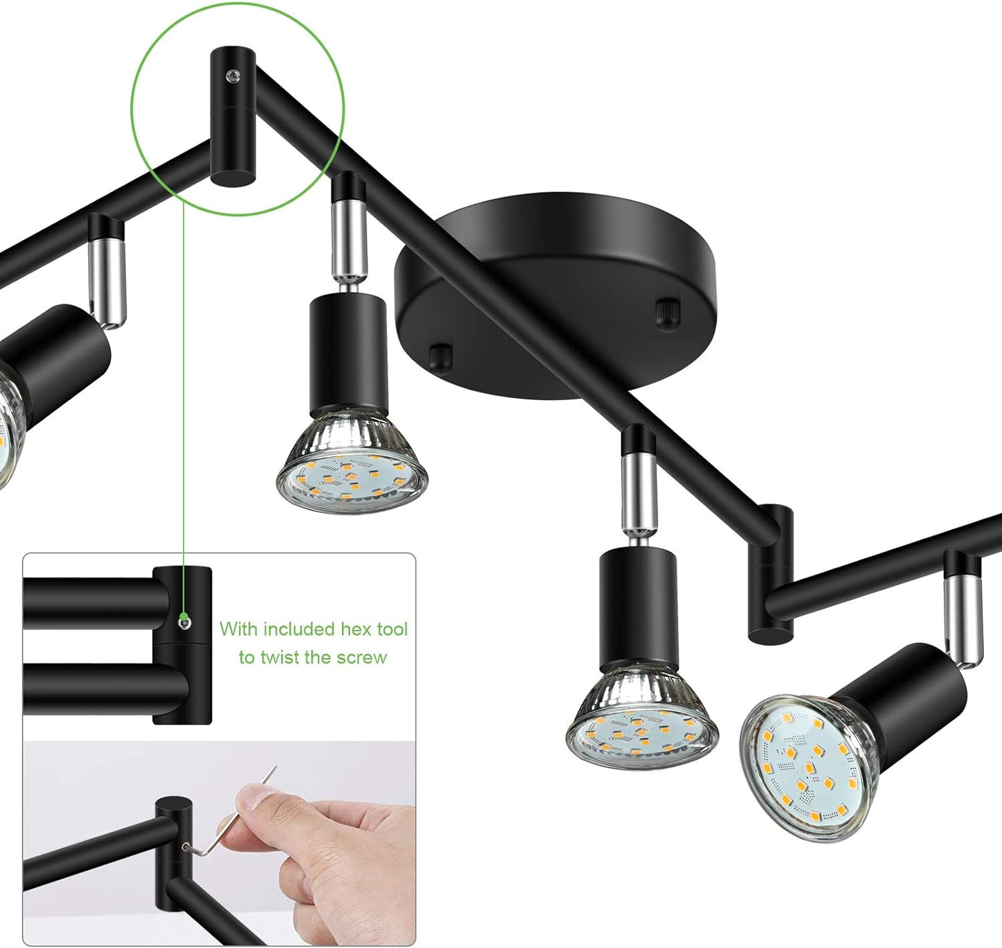 Unicozin LED 6 Light Track Lighting Kit, Black 6 Way Ceiling Spot Lighting, Flexibly Rotatable Light Head, Track Light Included 6 x LED GU10 Bulb (4W, Warm White 2700K, 400LM, AC120V)