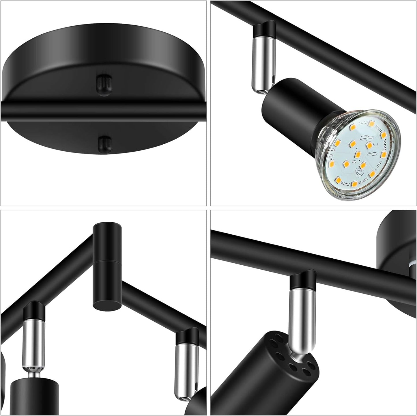 Unicozin LED 6 Light Track Lighting Kit, Black 6 Way Ceiling Spot Lighting, Flexibly Rotatable Light Head, Track Light Included 6 x LED GU10 Bulb (4W, Warm White 2700K, 400LM, AC120V)