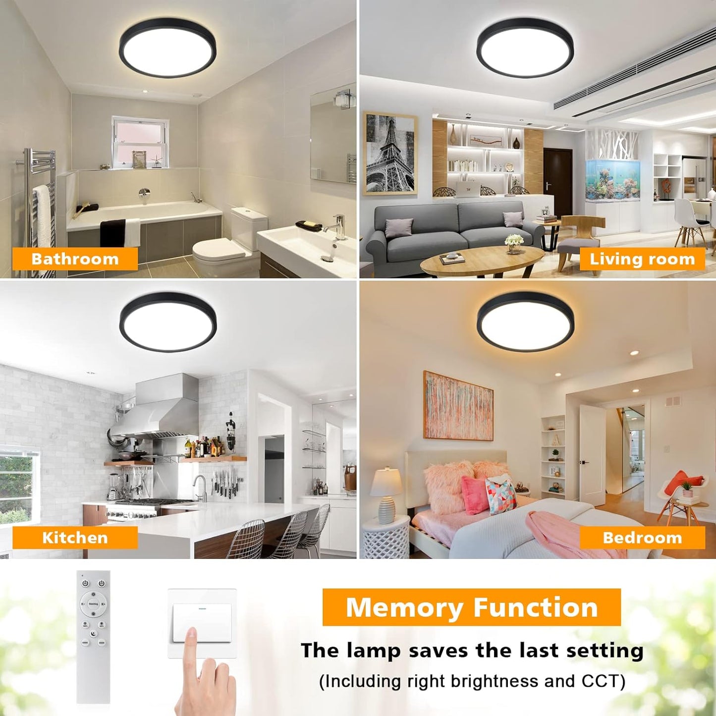 Unicozin Dimmable LED Flush Mount Ceiling Light with Remote Control, 3000K-6000K Color Changing, 12Inch 24W(150W Equiv) 2200LM, Round Flat Ceiling Lamp Black for Bedroom, Living Room, Kitchen