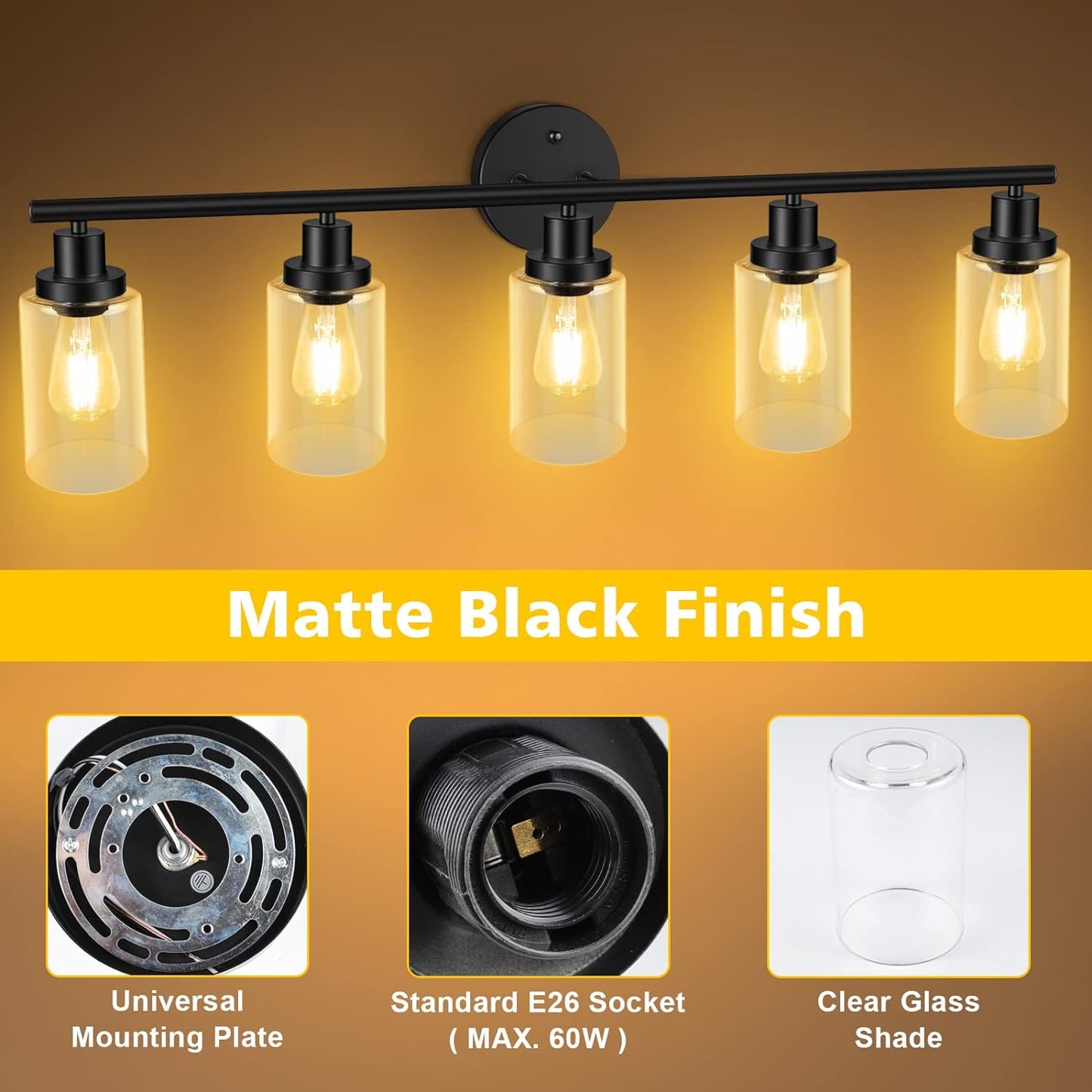 Unicozin Modern Matte Black 5 Lights Wall Lights, Wall Sconces Light with Clear Glass Shade, Vanity Light Fixtures for Bathroom, Living Room, Kitchen, Bedroom, E26 Base (Bulbs Not Included)