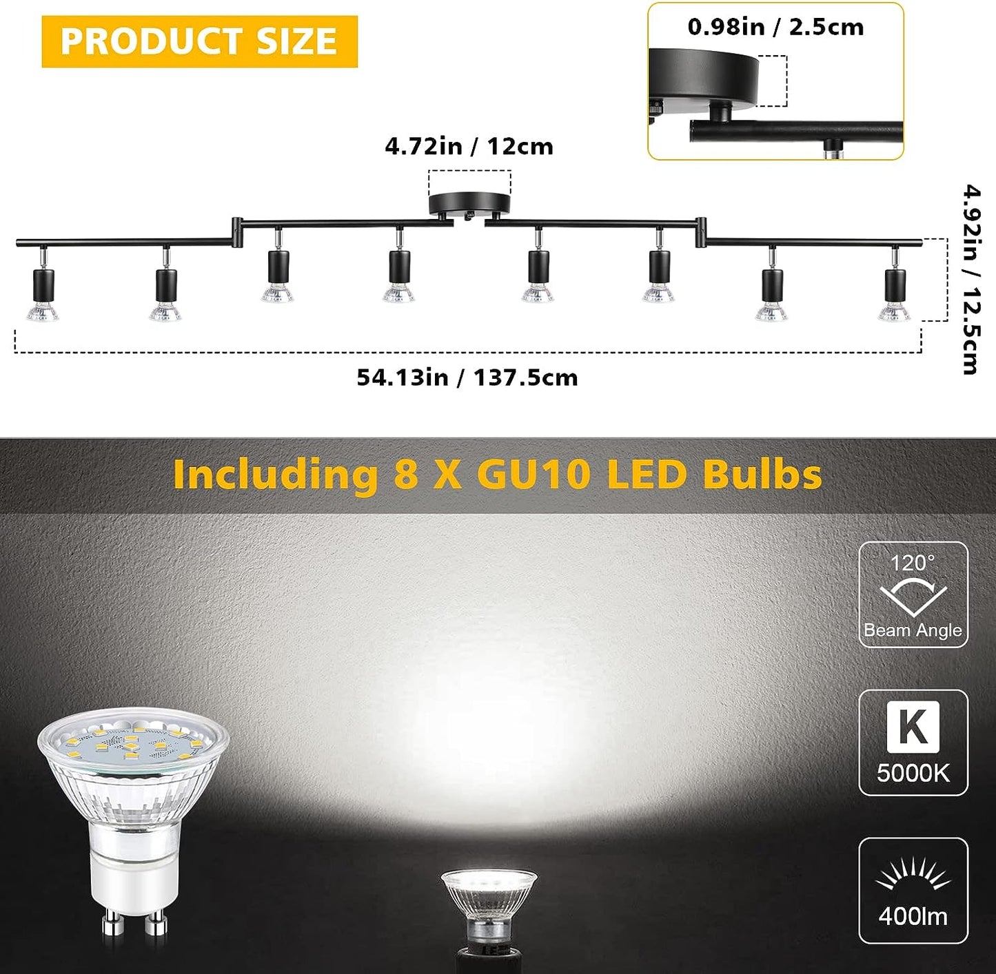 Unicozin LED 8 Light Track Lighting Kit, Black 8 Way Ceiling Spot Lighting, Flexibly Rotatable Light Head, Track Light Included 8 x LED GU10 Bulb (4W, Daylight White 5000K, 400LM, AC120V)