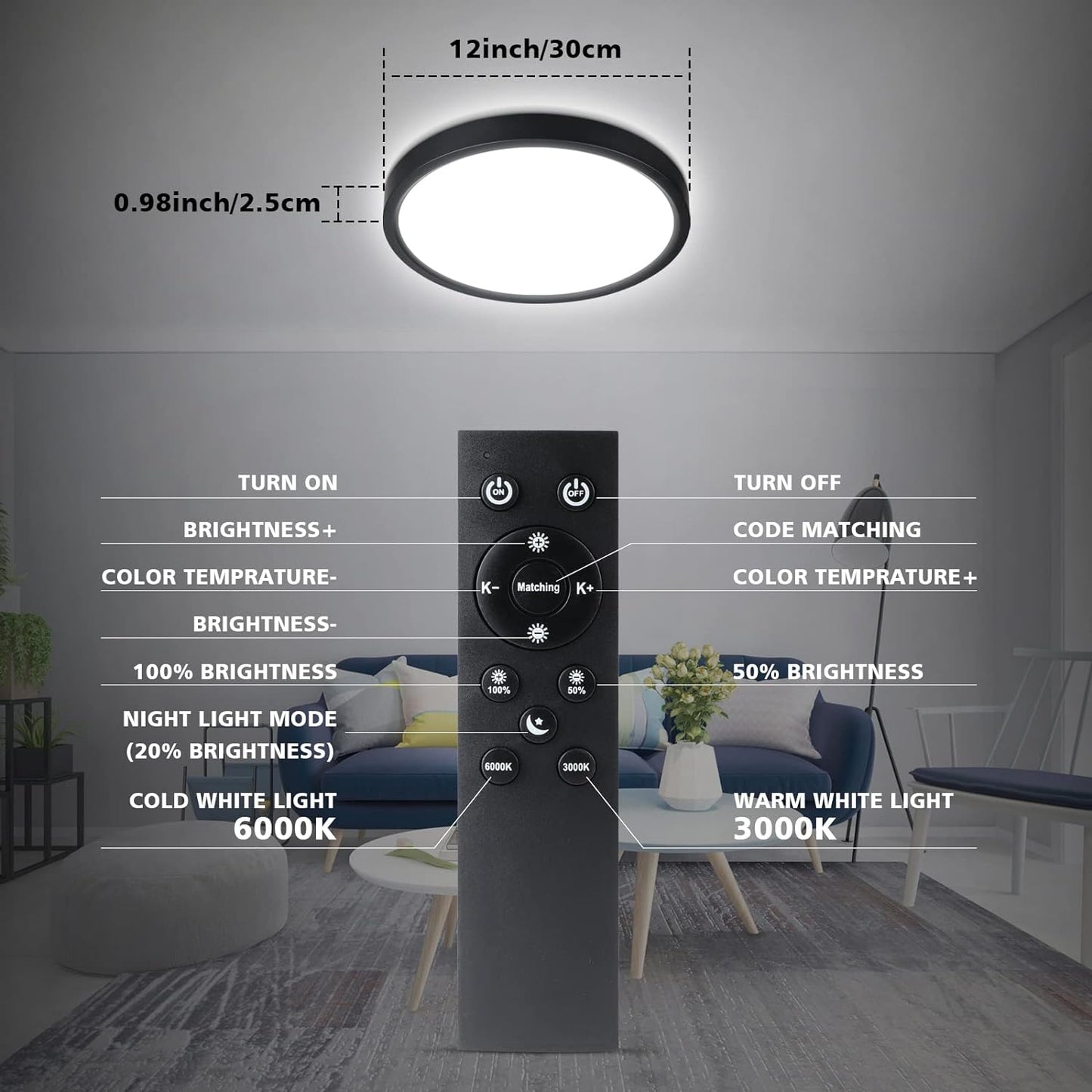 Unicozin Dimmable LED Flush Mount Ceiling Light with Remote Control, 3000K-6000K Color Changing, 12Inch 24W(150W Equiv) 2200LM, Round Flat Ceiling Lamp Black for Bedroom, Living Room, Kitchen