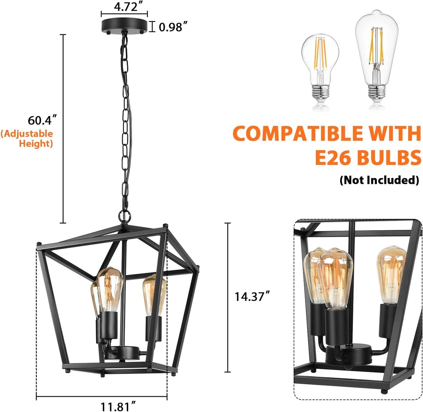 Unicozin Black Lantern Pendant Light, 3 Lights Farmhouse Chandelier Fixture with Metal Cage, Adjustable Height Industrial Hanging Lights E26 Base for Kitchen Island, Bedroom, Entryway, Foyer