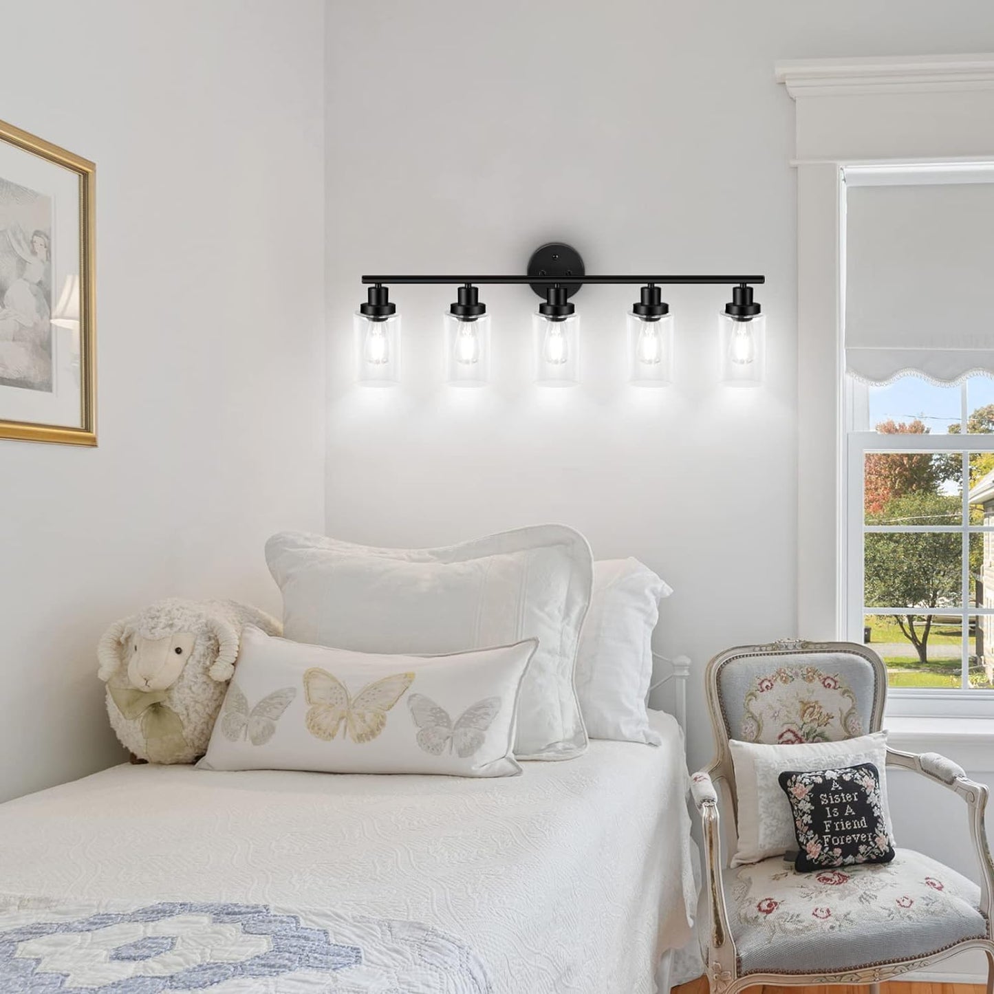 Unicozin Modern Matte Black 5 Lights Wall Lights, Wall Sconces Light with Clear Glass Shade, Vanity Light Fixtures for Bathroom, Living Room, Kitchen, Bedroom, E26 Base (Bulbs Not Included)