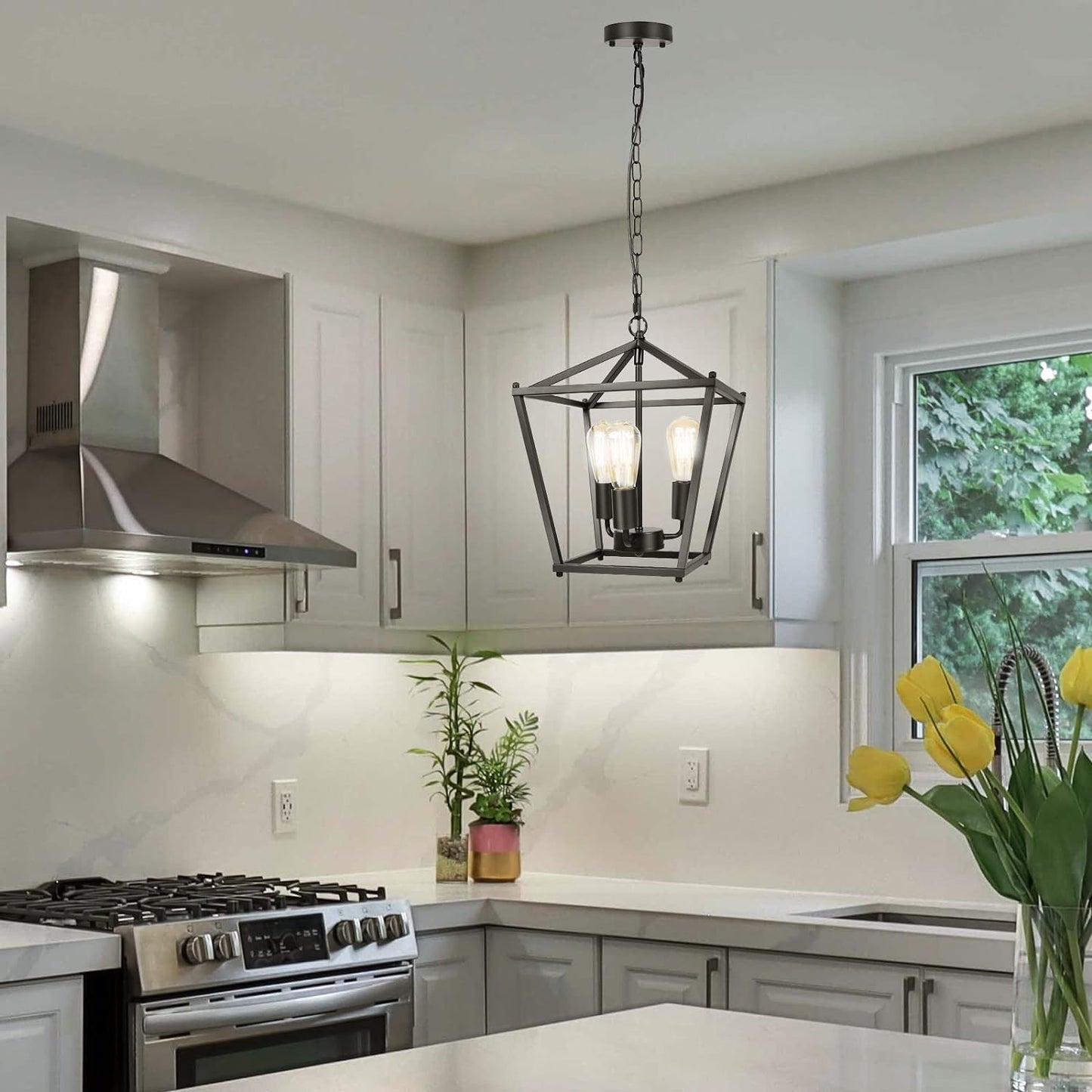Unicozin Black Lantern Pendant Light, 3 Lights Farmhouse Chandelier Fixture with Metal Cage, Adjustable Height Industrial Hanging Lights E26 Base for Kitchen Island, Bedroom, Entryway, Foyer