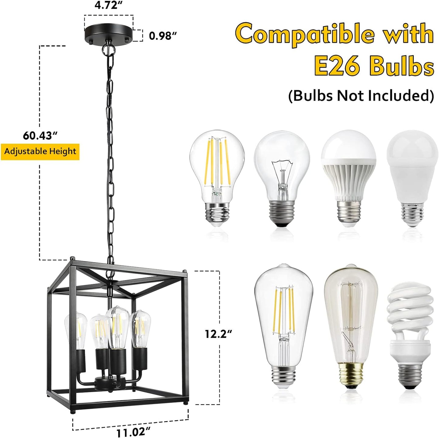 Unicozin 4-Light Black Farmhouse Chandelier, Iron Lantern Pendant Light Rustic Cage Adjustable Height, E26 Base Industrial Hanging Lights for Kitchen Island Dining Room Hallway Foyer Entryway