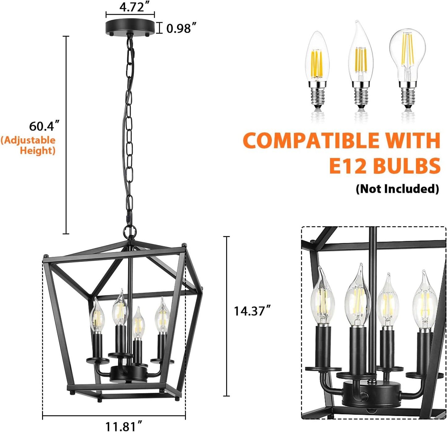 Unicozin Black Lantern Pendant Light, 4 Lights Farmhouse Chandelier Fixture with Metal Cage, Adjustable Height Industrial Hanging Lights E12 Base for Kitchen Island, Bedroom, Entryway, Foyer