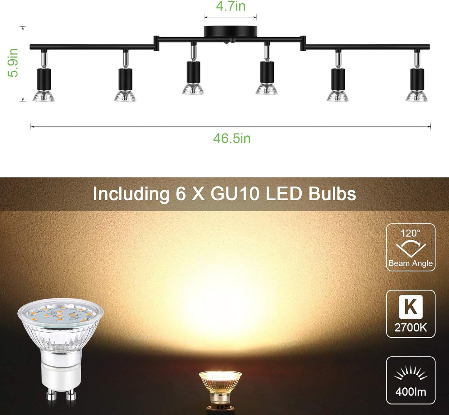 Unicozin LED 6 Light Track Lighting Kit, Black 6 Way Ceiling Spot Lighting, Flexibly Rotatable Light Head, Track Light Included 6 x LED GU10 Bulb (4W, Warm White 2700K, 400LM, AC120V)