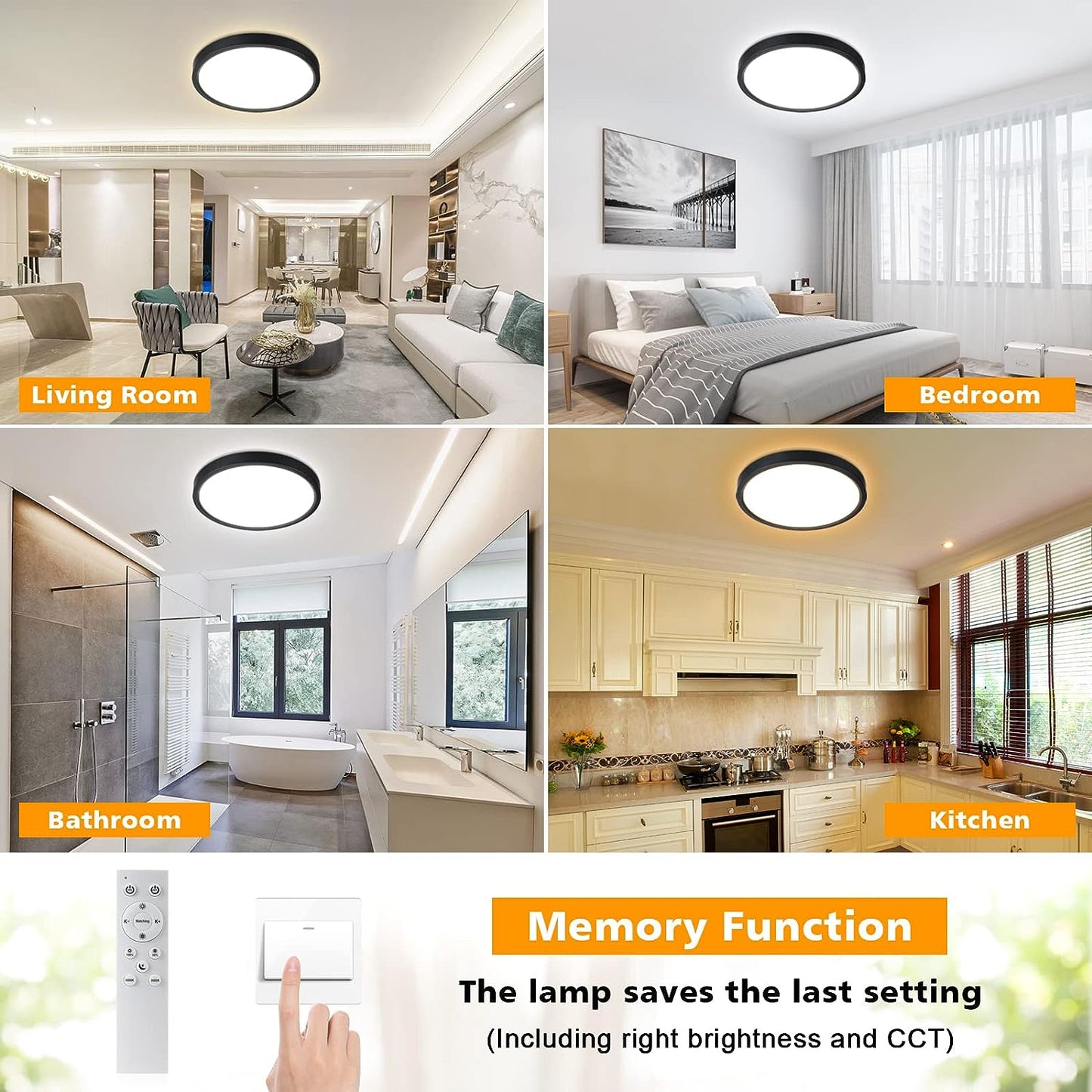 Unicozin Dimmable LED Flush Mount Ceiling Light with Remote Control, 3000K-6000K Color Changing, 8.7Inch 18W(100W Equiv) 1500LM, Round Flat Ceiling Lamp Black for Bedroom, Living Room, Kitchen