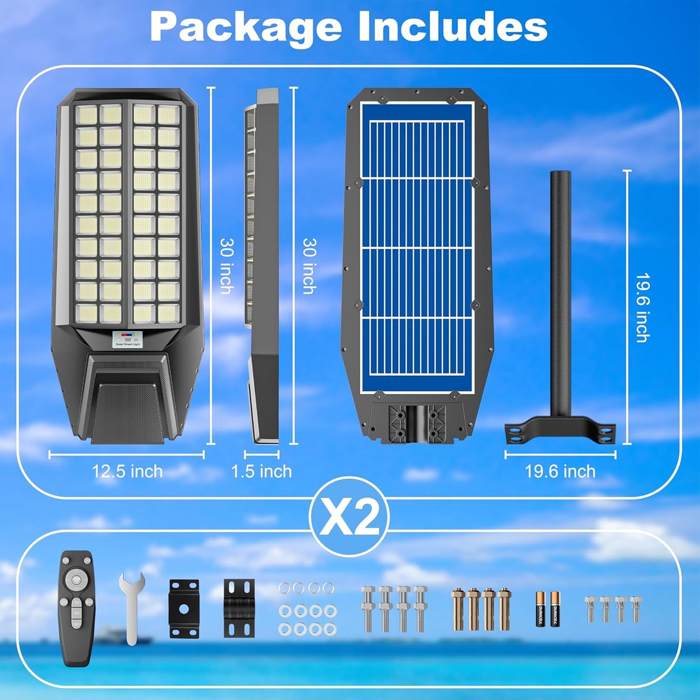 Unicozin Utral-Large Solar Street Light, 300000 Lumens, Energy-Efficient, Waterproof, Dusk-to-Dawn, Ideal for Commercial & Outdoor Parking Lots - Energy-Efficient Solar-Powered, 2 Pack