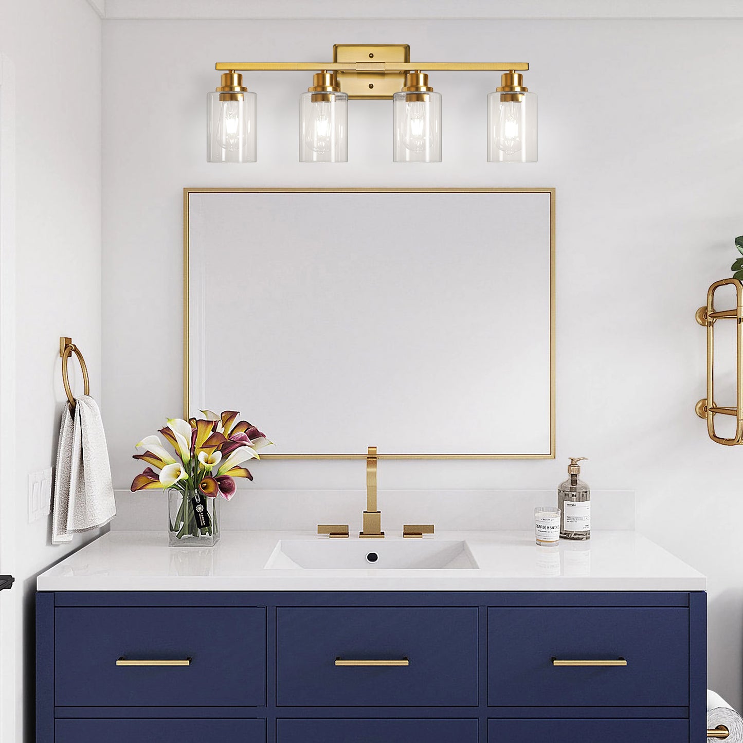 Unicozin Modern Bathroom Light Fixtures, 4 Light Vanity Lights Over Mirror, Gold Wall Lamp with Clear Glass for Living Room Cabinet Bedroom Porch Powder Room